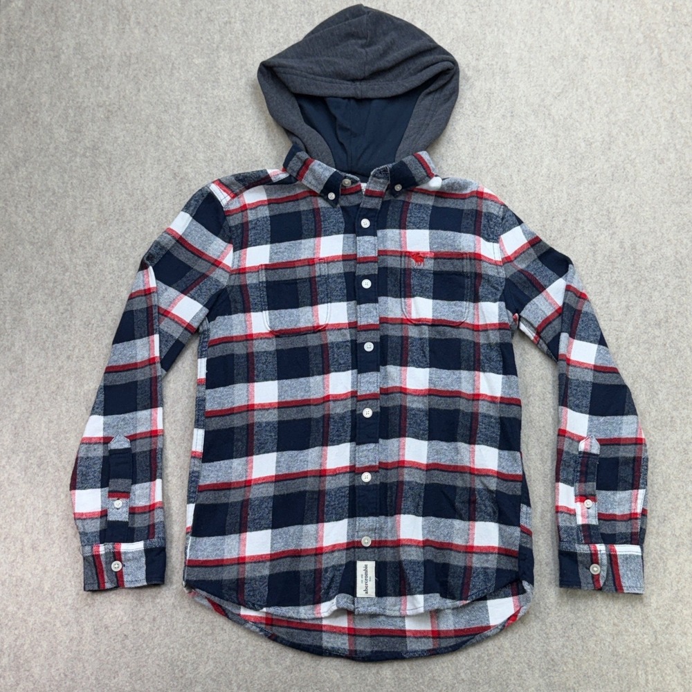 Abercrombie Hooded Flannel Shirt Boy 11/12 Blue Red Plaid Preppy Gorpcore School